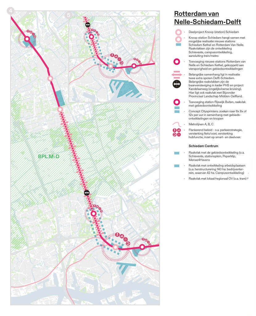 Dit overzicht laat de samenhang en raakvlakken deelproject Rotterdam van Nelle-Schiedam-Delft zien.  Knoop station Schiedam hangt samen met mogelijke realisatie nieuwe stations Schiedam Kethel en Rotterdam Van Nelle. Raakvlakken zijn de ontwikkeling van Schieveste, campusontwikkeling en aansluiting trein/metro.  Ook is er een toevoeging van de nieuwe stations Rotterdam van Nelle en Schiedam Kethel, gekoppeld aan viersporigheid en gebiedsontwikkelingen  Belangrijke samenhang ligt in realisatie twee extra sporen Delft-Schiedam. Belangrijke raakvlakken zijn de baanversteviging in kader PHS en project Kandelaarweg (ongelijkvloerse kruising). Hier ligt ook raakvlak met Bijzonder Provinciaal Landschap Midden-Delfland.  Verder heeft de toevoeging station Rijswijk Buiten raakvlak met gebiedsontwikkeling.  Ook ligt er een Concept Citysprinters: hierbij wordt gezocht naar 6x 8x of 12x per uur in samenhang met gebieds- ontwikkelingen en knopen.  In dit overzicht zijn verder de Metrolijnen A, B, C zichtbaar. Daarnaast laat deze kaart flankerend beleid zien, denk aan de parkeerstrategie, de versterking fiets/voet, de versterking Hubfunctie en de inzet op smart- en deelvoer.  Daarnaast zijn er in Schiedam Centrum raakvlakken met de gebiedsontwikkeling (onder andere Schieveste, stationsplein, Peperklip, Merwe4Havens) en met ontwikkeling arbeidsplaatsen (onder andere herstructurering 140 ha. bedrijventerrein, waarvan 42 ha. Campusontwikkeling) en met lokaal/regionaal OV (onder andere de tram)