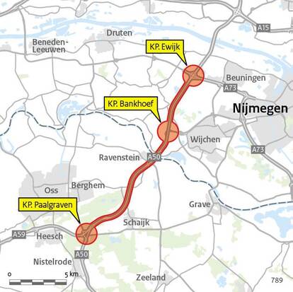 Illustratie van de drie knooppunten van de A50: Ewijk, Bankhoef en Paalgraven